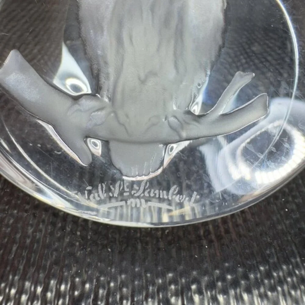 Val Saint Lambert Intaglio‎ Perched Owl Glass Paperweight Signed Clear Crystal